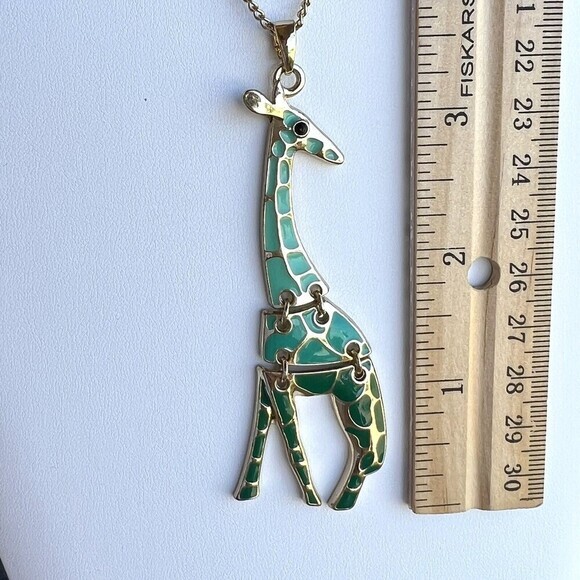 ARTICULATED (Hinged) Giraffe Safari Enamel Golden Green Pendant Necklace 29.5 in - Picture 3 of 6